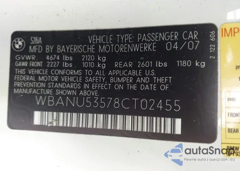 2008 BMW 528I z USA, uszkodzony, nr VIN WBANU53578CT02455